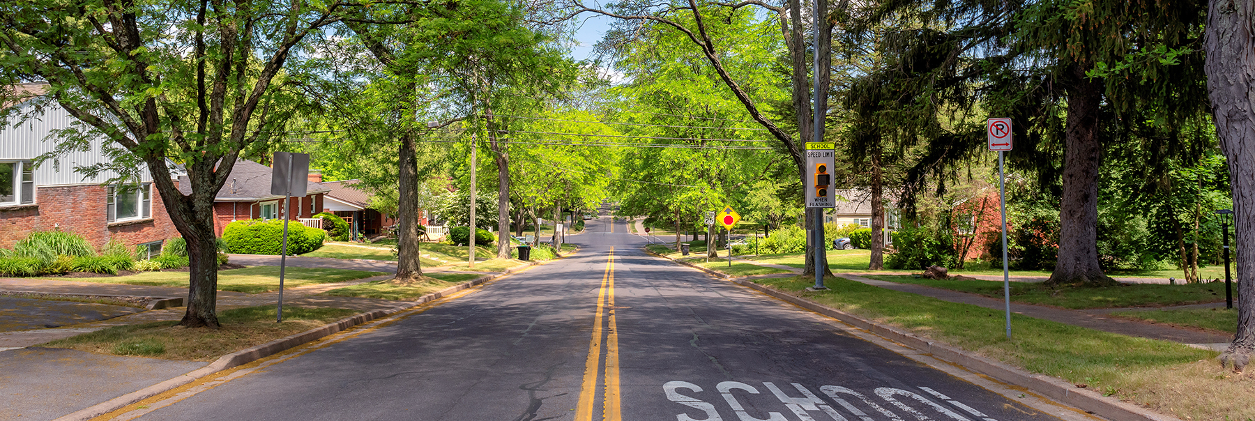 Urban street with school crossing